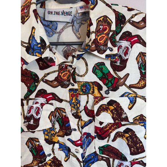 Vintage On the Verge Cowboy boot print button up shirt size Large - Picture 5 of 7